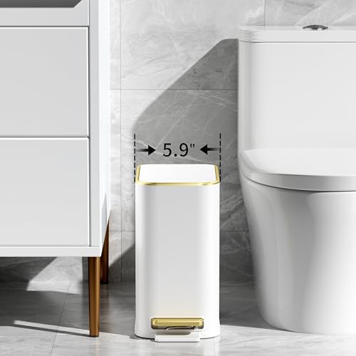 TIPGO Small Bathroom Trash Can with Lid Soft Close, Step Pedal, 5 Liter / 1.3 Gallon Stainless Steel Trash Bin, Slim Garbage Cans for Toilet, Office, Bedroom (White)