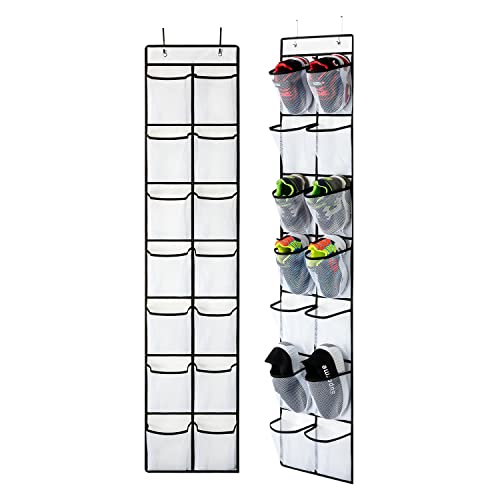 KEEPJOY 2 Pack White 14 Pockets Over the Door Shoe Organizer, Hanging Shoe Organizer with 4 Hooks, Shoe Holder with 14 Mesh Pockets Closet Door Shoe Storage Bag (White-2Pack)