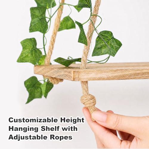 RICHER HOUSE Hanging Floating Shelves No Drill, Macrame Plant Wall Shelf | 2 Set Boho Trinket Shelf with Artificial Ivy and LED Lights, Wall Art Aesthetic Decor, for Bedroom, Dorm, Two-Way Install