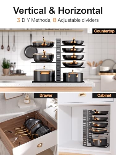 MUDEELA 8-Tier Lightweight Pots and Pans Organizer under Cabinet, 14.55" H | 3 DIY Methods, Adjustable pot rack, Fits 6"-11" pots and pans, Pot lid organizer inside cabinet, Kitchen storage