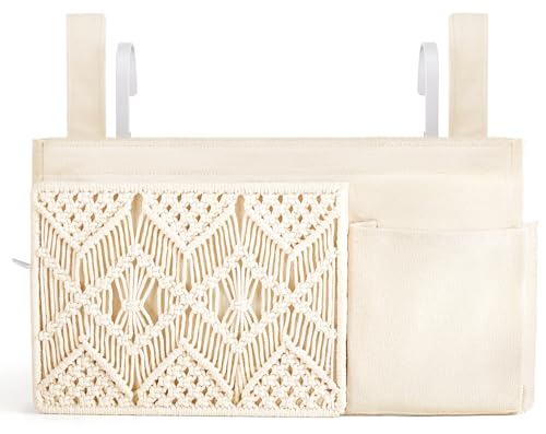Mkono Bedside Caddy, Macrame Hanging Organizer, 4 Pockets Ivory Metal Hooks | Dorm Room Essentials, Boho Storage, Bunk Loft Bed Bedroom Nursery, Laptop Phone Remote Magazine Glasses, Fixed Straps
