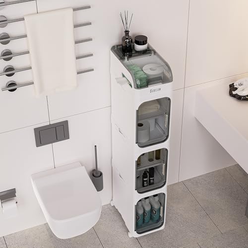 4-Tiers Toilet Paper Storage, Slim Bathroom Organizers and Storage, Bathroom Counter Organizer, Bathroom Organizer Storage Cabinet, Portable Laundry Room Organization, Plastic White Clear Doors