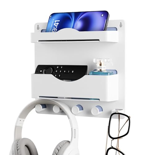 Bedside Wall Shelf with Glasses Hooks, Adhesive Bedside Organizer Wall Mount for Dorm and Room Accessories Phone,Remote,Earphone, Kindle (White)