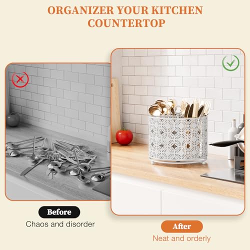 Rotating Utensil Caddy Holder - Higher Raised Cutl... (White | Metal)