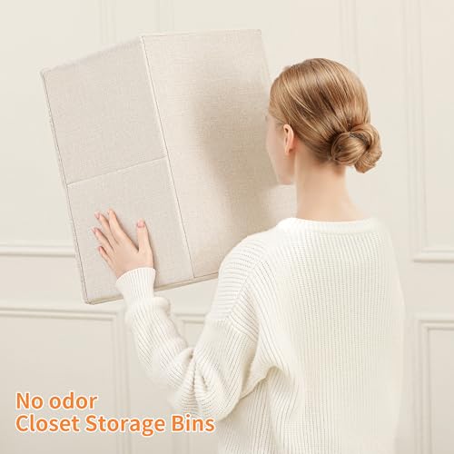 Linen Folding Storage Bins, 3 Pack Large Storage Baskets, Washable, Clothing Storage Bins with Handle, Closet Organizer for Storage Sweater,Sheets(Beige, 18½"x11 x8½)