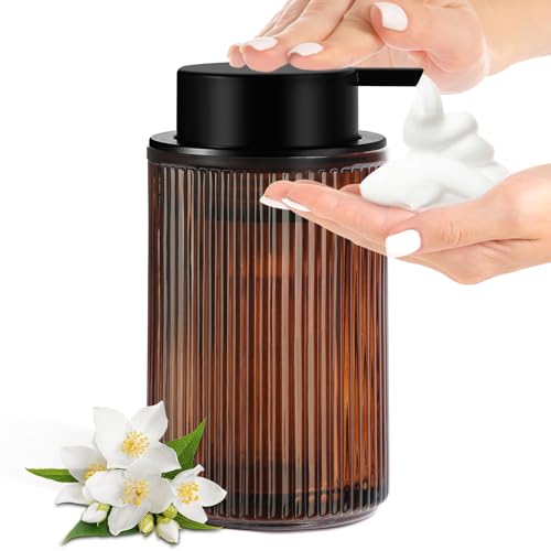 Foaming Soap Dispenser, Amber Glass Foam Hand Soap Dispenser for Bathroom, 11 Fl Oz Ribbed Refillable Foaming Pump Bottle with Black Pump, Modern Dish Soap Foam Dispenser