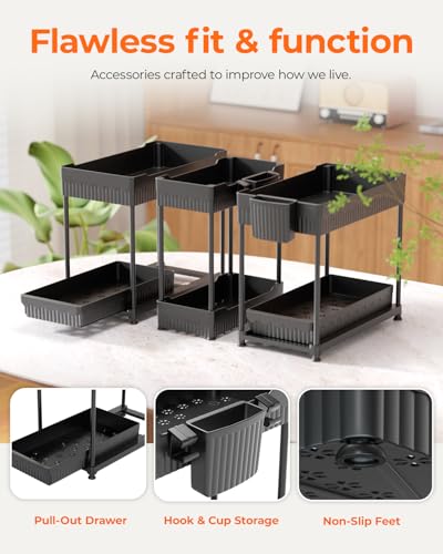 3-Pack 2-Tier Under Sink Organizers with Sliding Drawers | Multi-use kitchen & bathroom storage, 12.8 inch black cabinet organizer, space-saving sliding drawer design.