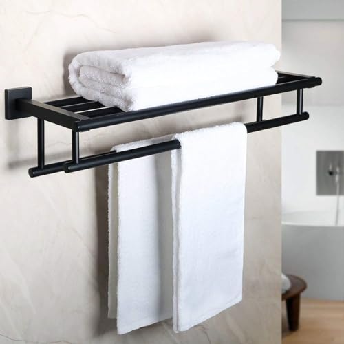 Alise Double Towel Rack for Bathroom Wall Mounted 24 Inch,Matte Black | Bathroom Tower Holder Towel Shelf with Double Towel Bars,SUS304 Stainless Steel Towel Rack with Shelf for Lavatory Kitchen