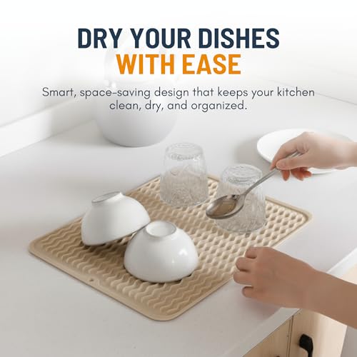 Silicone Dish Drying Mat for Kitchen Counter - Multi-Use 18 x 16 Inch Pad, Non-Slip & Heat-Resistant, Perfect Dish Drainer Mat by Linda’s Essentials, Ideal Kitchen Accessory (Beige)