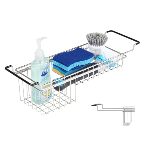 TreeLen Over The Kitchen Sink Caddy Sponge Holder Organizer Drying Rack Expandable for Sponge Brush Soap 13.8" to 20.8", Stainless Steel
