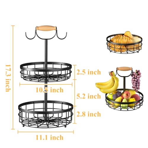 SAYZH 2 Tier Large Fruit Basket for Kitchen Counter with 2 Banana Hangers | Detachable Metal Bowls, Wooden Lift Handle, Versatile Holder for Bread, Snacks, and Veggies.