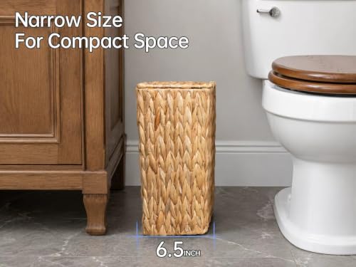 3 Gallon Wicker Trash Can,Small Bathroom Trash Can with Lid,Natural Water Hyacinth Wicker Waste Basket for Bedroom,Toilet,Narrow Garbage Can with Removable Liner