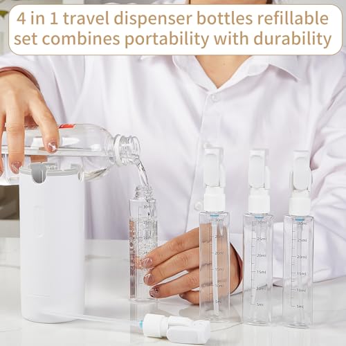 4 in 1 Travel Dispenser Bottle, TSA Approved Travel Bottles for Toiletries,Refillable Leak Proof and Portable for Shampoo, Conditioner, Shower Gel, for Vacation, Camping & Gym.(White+Green)