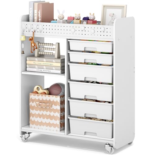 Rolling Craft Cart with 6 Drawers, Pegboard and Locking Wheels White | Ample multi-zone storage, 2 open shelves, art cart for classrooms, homeschool and offices, sturdy wood-metal frame