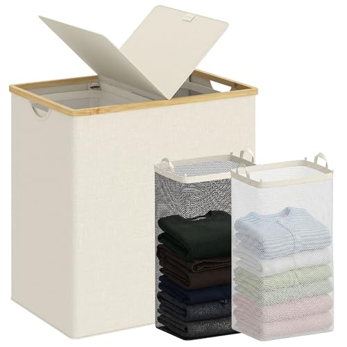 efluky Laundry Hamper with Lid, Double Laundry Basket with 2 Removable Bags, 2 Section Laundry Bin with Bamboo Handles for Bathroom, Bedroom & Laundry Room, 140L (36.9 Gallon) Beige
