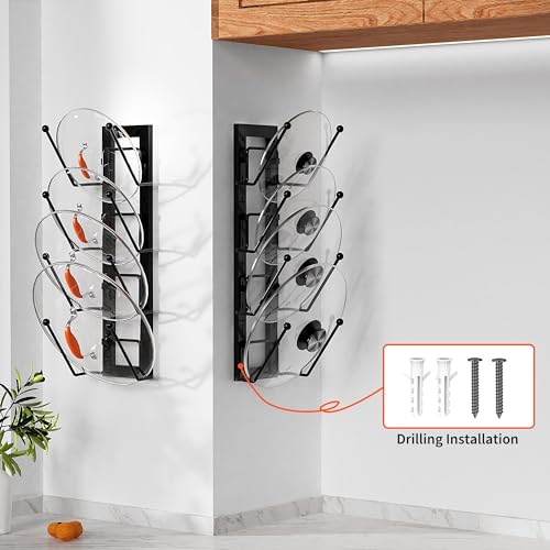 8 Layers of Adjustable Pot Lid Organizer Rack for Cabinet Door/Wall,2Pack Lid Organizer Pots and Pans Holder for Kitchen Storage with No Drilling Adhesive 5.7 W“(Black)