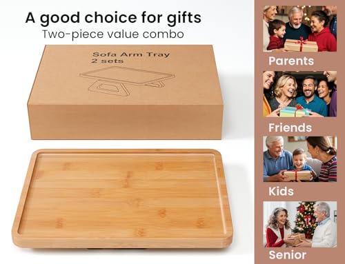 2 Pack Bamboo Couch Arm Tray,Folding Sofa Armrest Table(Natural) | Clip-On Couch Desk,Foldable, high load-bearing, Non-slip, no assembly,easy to wipe clean,Natural bamboo,Gift box