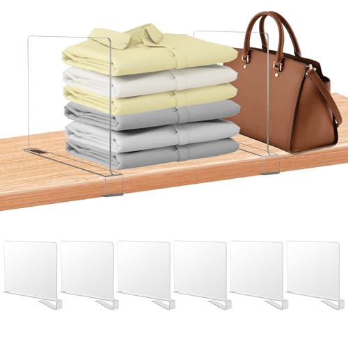 xydstay 6 Pack Clear Acrylic Shelf Dividers for Closet Organization | Purse Organizers for Closet, Handbag Organizers for Shelves, Adjustable Clothing Dividers, for Bedroom, Office & Kitchen