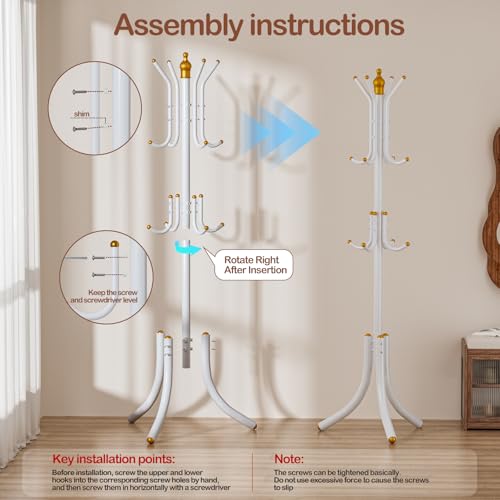 Free-Standing Coat Rack Metal Stand Hanger 12-Hooks Organizer | Hall Tree Entry-Way Furniture for Hanging Up Jacket, Hand-Bag, Cloth, Hat, Winter Scarf Holder for Home or Office Floor
