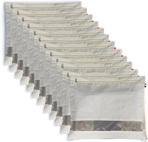 Cotton Saree Bags Covers for Storage Set with Zip Closure for Clothes Bags and Wardrobe Organizer with Transparent mesh window 16 x 14 Inches Pack 0f 12