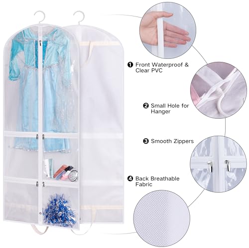 SLEEPING LAMB Clear Garment Bag for Dance Costume Kids 50 Inch Hanging Clothes Cover for Closet Storage With 4 Large Zipper Pockets for Ballet, Theatre, Competitions, 3 Packs, White