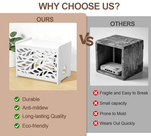 Router Box Hider & Projector Shelf -Decorative WiFi Router Storage Cabinet | Ventilation Cable Management Box Modem & Power Strip Hider Rack Leaf Pattern Cutout, Fits Routers Up to 9.84" Tall (White)