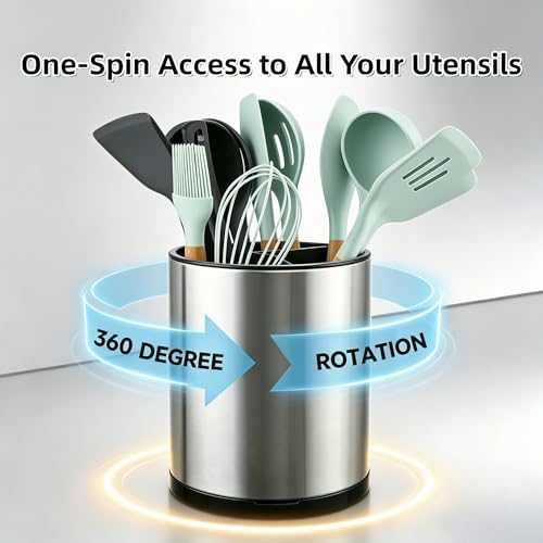 Kitchen Utensil Holder,Extra Large 360°Rotating For Countertop Organizer | Stainless Steel Storage,Hold 40 Utensils,Cooking Silverware Caddy 3 Compartment Spoon Spatula Tool Container(Silvery)