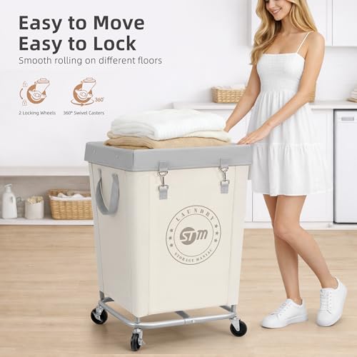 STORAGE MANIAC Commercial Laundry Hamper with Heavy Duty Steel Frame, 160 L Industrial Clothes Basket Cart with Wheels for Big Family, Home, Hotel, Laundry Room, 18''L x 18''W x 31''H, Medium Beige
