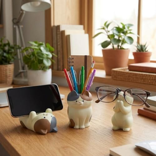3 PS Cat Shaped Phone Holder and Eyeglass Frame with Pen Holder, Animal Resin Gift for cat Enthusiasts, Home and Office Fashion Accessories-White
