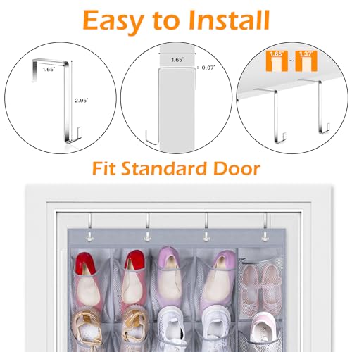MISSLO 35 Large Pockets Over The Door Shoe Organizer Sturdy Oxford Fabric Hanging Shoe Rack for Door Mesh Closet Shoe Holder Hanger, Grey