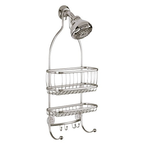 iDesign York Metal Wire Hanging Shower Caddy, Satin Silver | Extra Wide Space, 9.75" x 4" x 22", Hooks for Razors, Towels, For Shampoo, Conditioner, Soap