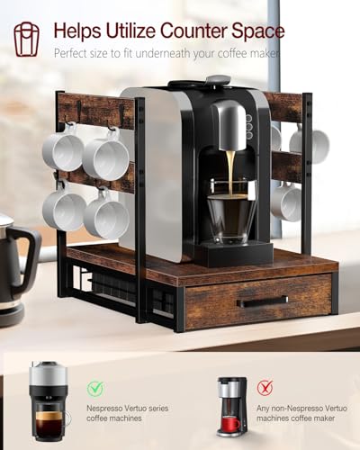 Evermagin Coffee Pod Holder Compatible with Nespresso,Fit 28 Large/56 Small | Coffee Pod Organizer Drawer Station with Cup Rack, Vertuo Pod Holder for Home and Office,Rustic Brown