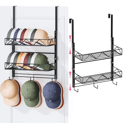 SWTYMIKI Over Door Hat Organizer - 3 Tier Wall Mounted Hat Rack with 2 Adjustable Metal Basket and 3 Hooks, Hanging Baseball Cap Organizer Storage Holds up to 29 Caps for Door, Bedroom, Closet