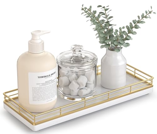 Bathroom Tray for Counter Top Organizer, Oak Wood Vanity Tray | Metal Frame for Dresser, Kitchen & Nightstand, Gold & White Decorative Storage