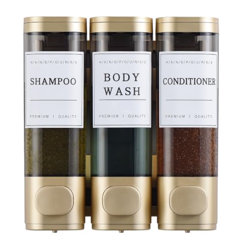 Shampoo and Conditioner Dispenser,Shower Soap Dispenser 3 Chamber No Drill Wall-Mounted for Bathroom & Hotel Leak-Proof Pumps, for Thick Liquids Like Conditioner - 1050ML High Capacity,Gold