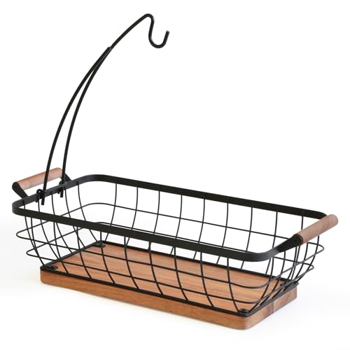 WILDMOS Rectangular Fruit Basket with Banana Hanger,Metal Wire Fruits Bowl with Wooden Base,Kitchen Table Organizer,Black Fruit Bowl for Kitchen Counter,Vegetable Bowls for Fruits, Veggies, Snacks.