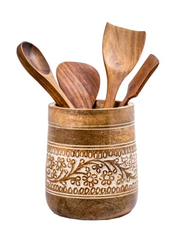 Mie Creations Farmhouse 7'' Large Wooden Utensil Holder, White Floral | Natural Mango Wood, Handcrafted Design, Cooking Spatula Organizer for Kitchen Counter, Holds 15 Utensils, Christmas Decor