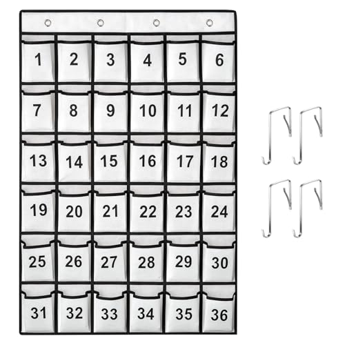 SAVERHO 36 Pockets Numbered Classroom Pocket Chart for Cell Phones, Hanging Pocket Chart Storage for Classroom Phone Calculator Holder with 4 Stainless Steel Hooks (White-36pockets)