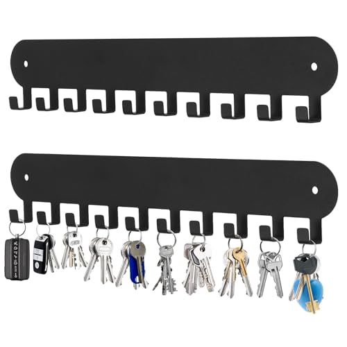 2 Pack Key Holder for Wall, Key Hooks with 10 Hooks, Black | Key Holder Wall Mount Self Adhesive, Key Rack for Wall No Drill for Living Room, Kitchen, Bathroom, Garage