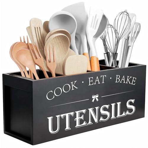 Suli Extra Large Utensil Holder Countertop for Kitchen Counter,Wood,Black | Hold 40 Utensils,4 Removable Divider,Rutic Silverware Organizer Caddy,Spacesaving,Farmhouse Cooking Crock for Spatula,Spoon