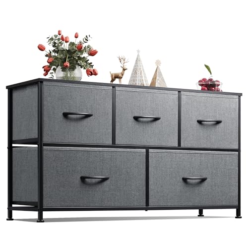 Wide Dresser for Bedroom, 5 Drawer Chest of Drawer... (Dark Gray)