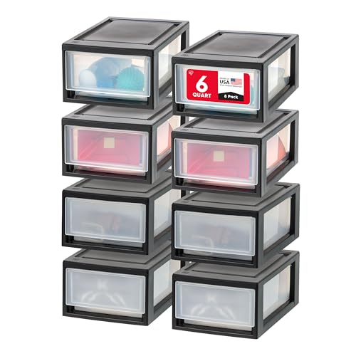 IRIS USA 8-Pack, 6 Qt. Small Stacking Drawer Storage Organizer, Black | Organize craft supplies, accessories, office items, and small essentials around your home with separate storage spaces