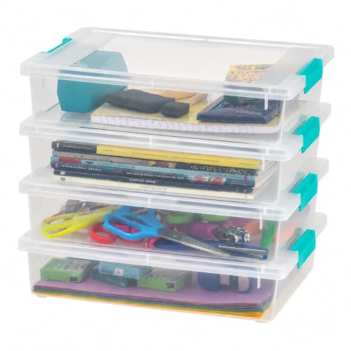 IRIS USA Storage Bins with Lids |Made in USA| 6 Qt - (4-Pack) - Clear | Sensory Craft Organizers, Plastic Clip Box Totes, Flat Containers for Organizing Paper, Office, Art & Study Supplies