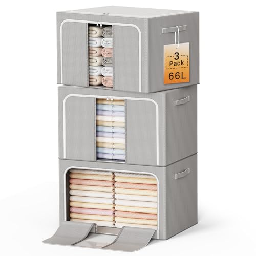 Clothes Storage Bins with Metal Frame Foldable Sto... (3 Count | Light gray)