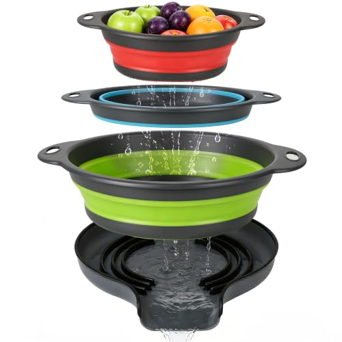 3-Pack Collapsible Colander for Kitchen with Self-Draining Base Foldable Strainers Set Round Silicone Food Drainer for Pasta Fruits and Vegetables (3QT, 4QT and 5QT)