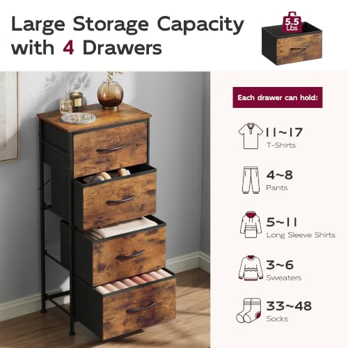 WLIVE Small Dresser Nightstand for Bedroom, 4 Drawers, Rustic Brown | 4 vertical fabric drawers, Space-saving tower, Bedroom or closet use, Chest of drawers, Dresser for small spaces