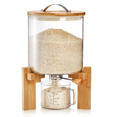 Tlence 5L Glass Rice Dispenser, Cereal Container with Bamboo Stand, Large Airtight Food Storage Bin, Rice Organization Tank with Measuring Cup for Grain Coffee Beans Dry Food