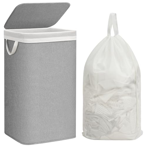 STORAGE MANIAC Metal Frame Laundry Hamper with Lid, 23.7 Gal Tall Laundry Baskets with Removeable Bag, Large Clothes Hamper with PU Tag, Laundry Bin for Dorm, Collage, Bathroom, Bedroom, Gray
