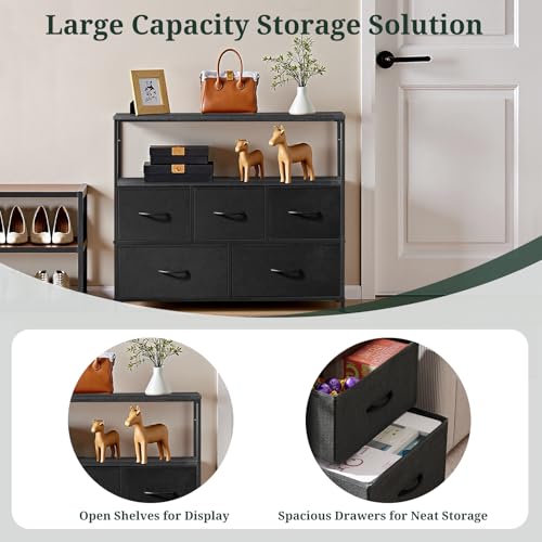 TV Stand dresser, 5 Drawers, Entertainment Center for TV up to 45 inch | Open Shelf, Storage Drawers, Media Console Table for Living Room, Bedroom, Small Space, Black