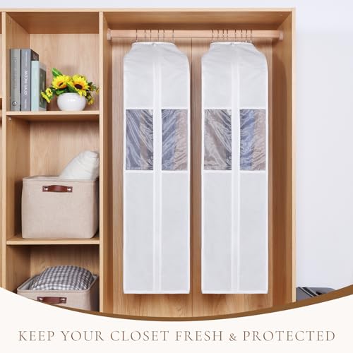 Univivi 40 Inch Cotton Garment Bags for Hanging Clothes 2 Pack, White | Breathable Cotton Fabric, Strong Zipper, Organza Window, 10in Wide Gusset Fits 6 Hangers, Perfect for Suits, Coats, Jackets